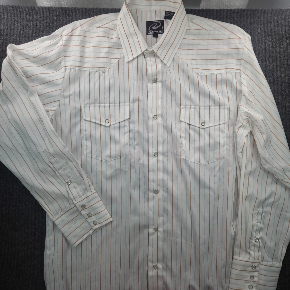 Roper Western Pearl Snap Shirt Mens Large White Tan Striped Long Sleeve Cowboy